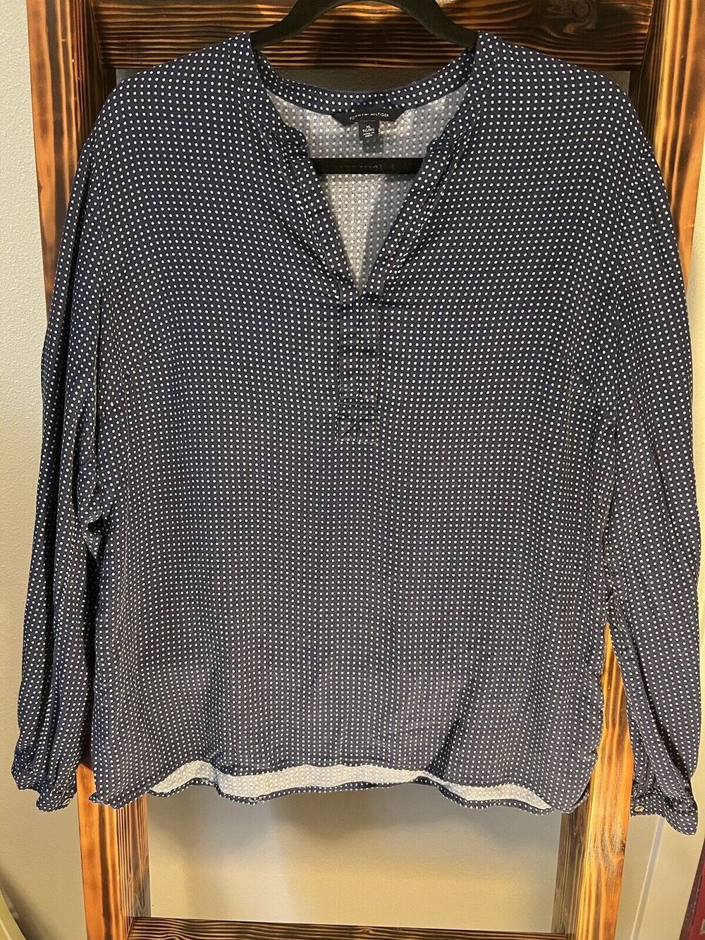 Tommy Hilfiger Women's Size XL Long Sleeve Navy Blue Green Polka Dot Blouse